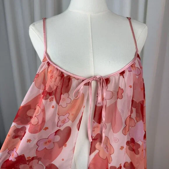 La Senza Y2K Pink Hearts Floral Chiffon Ruffle Slip Medium - Picture 8 of 9